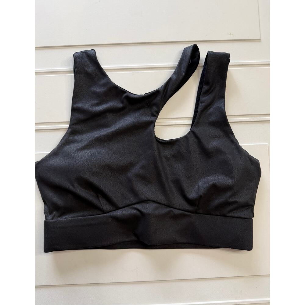 Fabletics Womens Sz M Black Cold Shoulder Textured Padded Crop Top Sports Bra - Picture 2 of 5